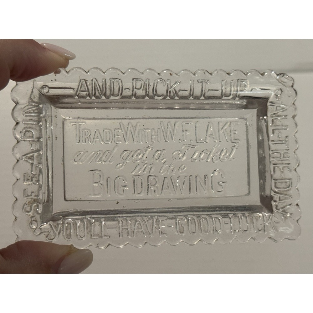Vintage 30s Carnival Advertising Glass Trinket Ashtray Big Drawing Trade Promo
